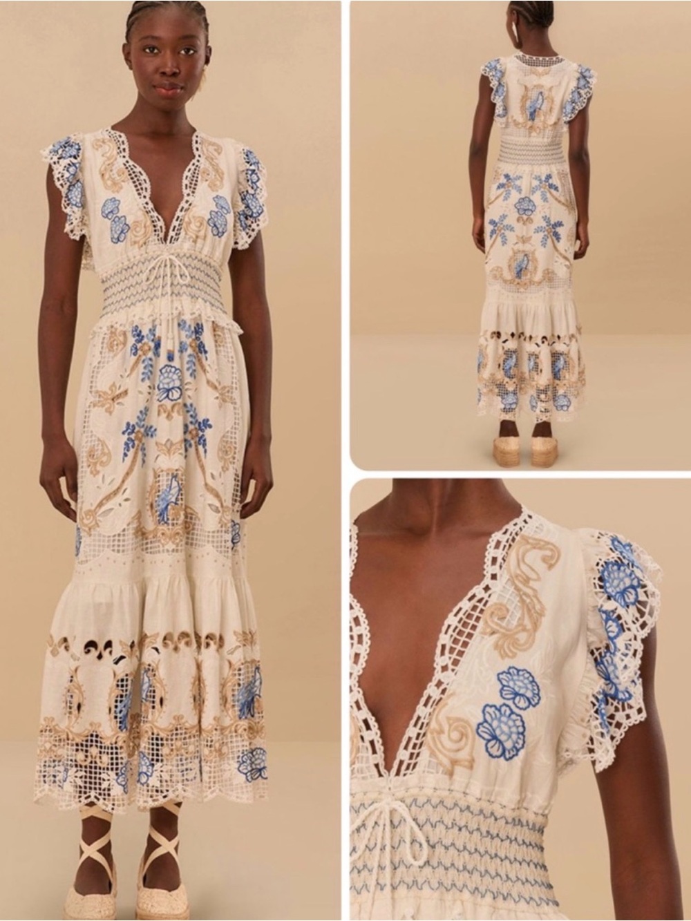 FARM Rio Cream Maxi Dress with Blue & Tan Embroidery